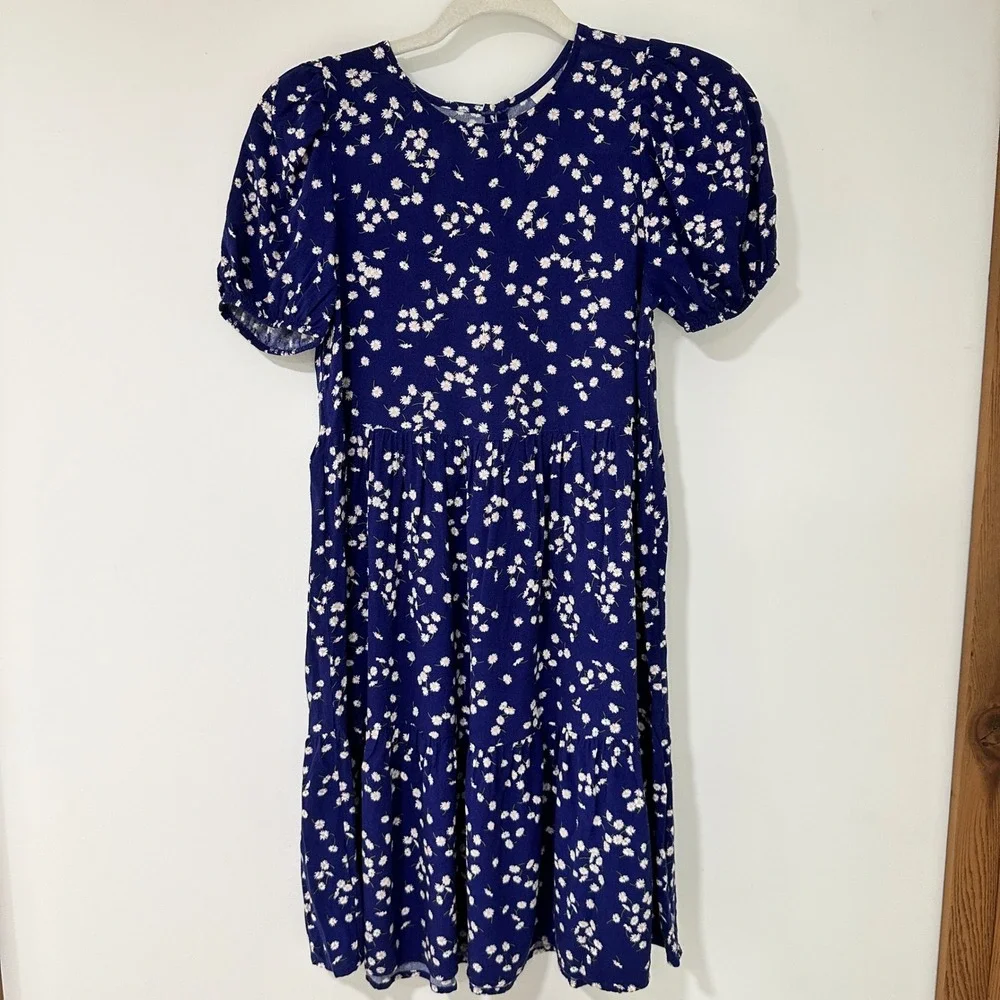 LCW Girls Daisy Floral Tiered Dress 9-10Y Navy Blue‎ Puff Sleeve | Cottagecore